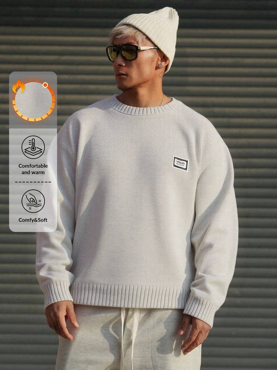 RueChic Men Solid Casual Crew Neck Patched Regular Sweater - Grey - View 1