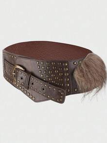 ROMWE J-Fashion 1pc Women's Brown Furry Decor Western Boho Style Rivet Embellished Wide Waist Belt, Versatile Accessory For Dresses, Jeans - Brown - View 8