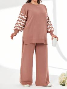 SHEIN Cottnline Plus Size randig färgblock tröja och byxor i två delar, för vintern - Rosa - Visa 6
