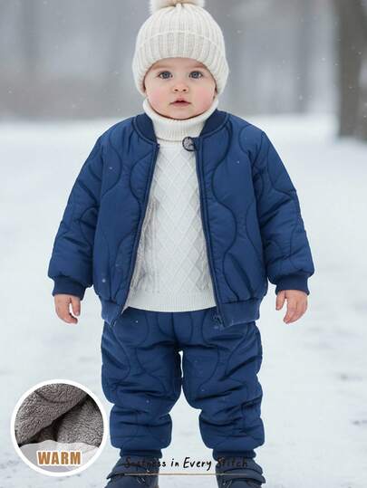 Cozy Pixies 2件套男婴纯色拉链保暖内衬夹克和松紧腰裤套装