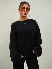 SAYEHFBABY Loose Long Sleeve Top Casual Summer Spring Vacation Casual Cute Everyday Oversized Tee Airport Holiday Fall Back To School Autumn Winter Spring Vacation - Black - View 1