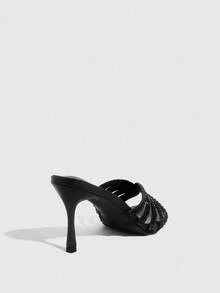 CUCCOO SZL Women's Fashion Square Toe Black Rhinestone Embellished Slip-On High Heel Party Sandals