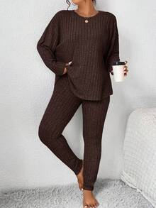SHEIN Frenchy Plus Size Women's Solid Color Round Neck Drop Shoulder Long Sleeve Ribbed T-Shirt And Pants Casual 2-Piece Set/Winter Brown Set Women Two Piece Set Women Comfy Comfortable Two Piece Set