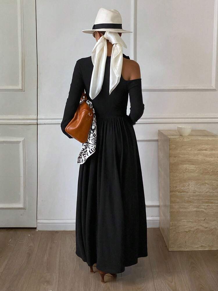 Solid Color Fitted Waist Umbrella Skirt, Off-Shoulder Tie-Up Long Sleeve Elegant Sexy Dress For Women, Autumn/Winter