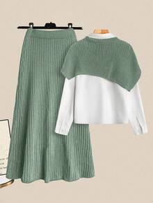 GlowEve Women's Solid Color Asymmetrical Knitted Shawl And Knitted Mini Skirt Casual 2 Pieces Set, Autumn