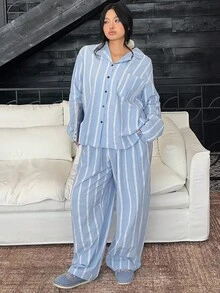 Dazy Plus 两件套条纹宽松睡衣套装，春秋季休闲穿着，大码，秋冬服装 - 藍色 - 查看 5