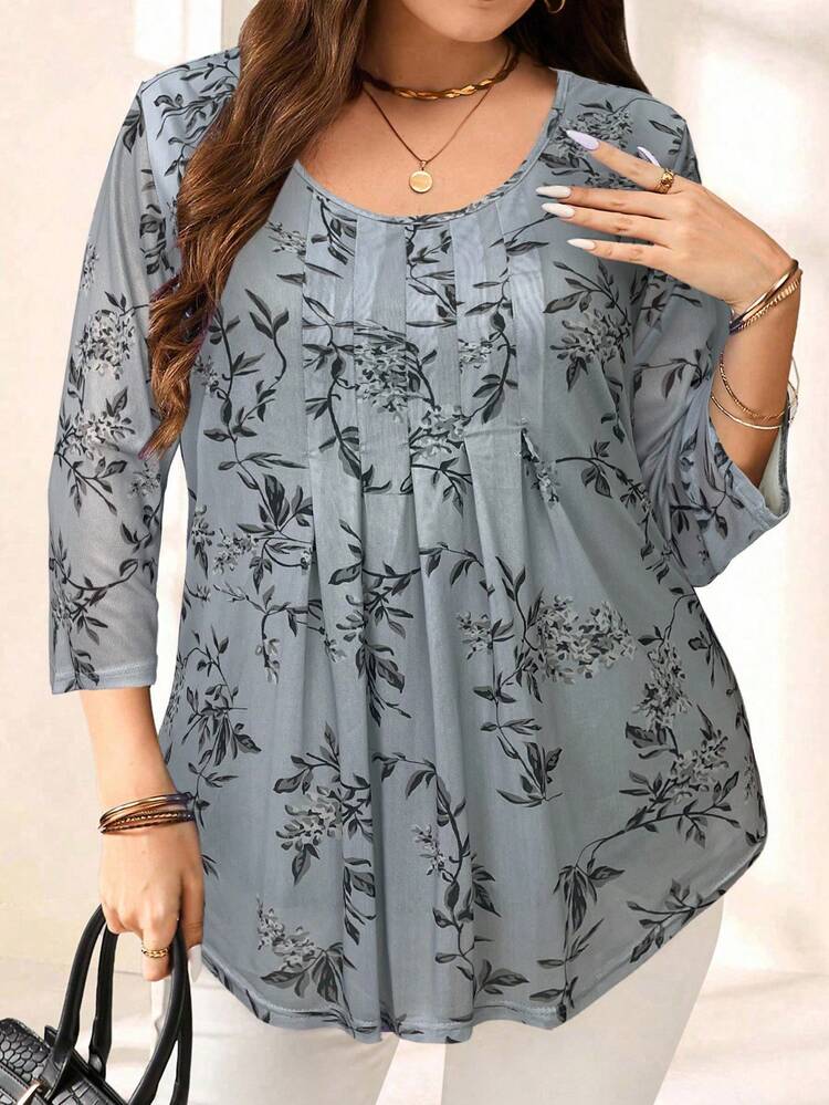EMERY ROSE بلوزة نسائية كبيرة الحجم مطبوعة بالزهور، أكمام ثلاثة أرباع، صيفية - رمادي - مشاهدة 6