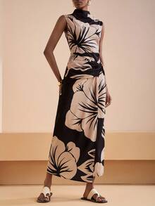 Zivah Nuevo lanzamiento de verano 2025, adecuado para fiesta de cumpleaños, vuelta al colegio, estilo campus, uso diario, casual, vacaciones, viajes en crucero, playa, tomar el sol, de moda, ropa de calle, elegante, trayecto al trabajo, casual de negocios, vestido de mujer de verano con cuello drapeado sin mangas, detalle de giro en la parte delantera, estampado floral negro y albaricoque, ajustado en la cintura, con abertura, corte ceñido - Multicolor - Ver 6
