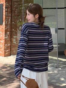 Dazy-Less Autumn New Casual Commuting Striped Women T-Shirt Long Sleeve Top - Blue - View 6
