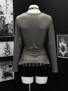 EgrlEra Women's Asymmetrical Hem Printed Long Sleeve Crew Neck T-Shirt, Military Green