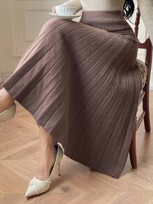 DAZY 女士优雅纯色A字型毛衣半裙，秋冬女装半裙 - 棕色 - 查看 1