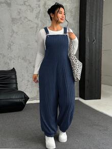 SHEIN EZwear Quần yếm thun gân màu xanh xám cỡ lớn, thu/đông - Màu xanh ngọc - Xem 3