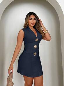Ladies' Autumn Elegant And Elegant Old Money Style Metal Starfish Button Dress - Navy Blue - View 4