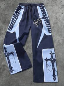 ROMWE MEN Street Life Men Contrast Color Patchwork Cross & Letter Graphic Loose Fit Sweatpants, Fall