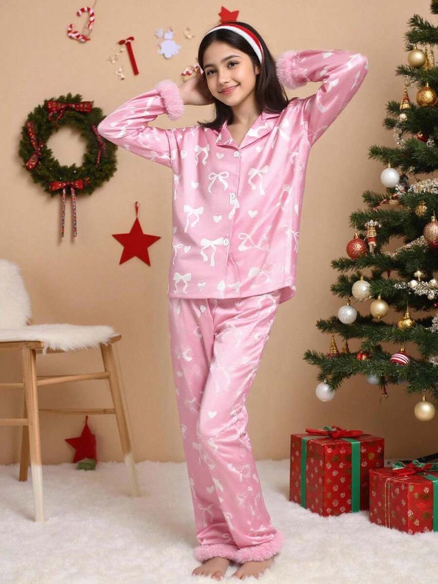 Girls Casual 2 Pieces Set, Featuring Cartoon Bow Pattern, Fluffy Cuff Long Sleeve Top And Long Pants, Pink, Comfortable Loungewear Fall Winter - Pink - View 1