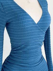 asdElamini 1 pieza Vestido mini para mujer, cuello en V azul con jacquard, cintura plisada con volantes en el bajo, estilo casual, de oficina, vintage, para otoño/inviernoasd SVPZ - Azul marino - Ver 6