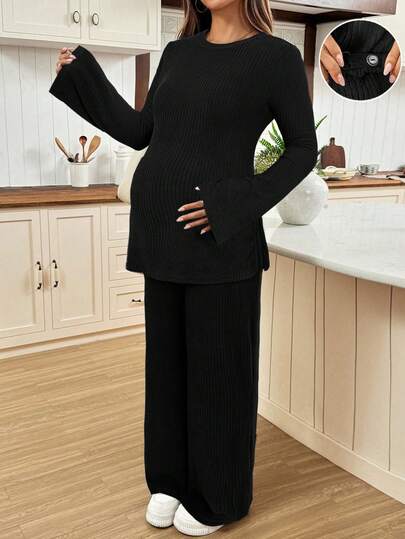 SHEIN 2 st. set med topp och byxor, höst, enfärgat, sidoslits och utsvängda ärmar, gravidklänning