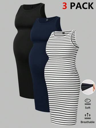 Modmama Vestido casual de maternidad de cuello redondo ajustado sin mangas