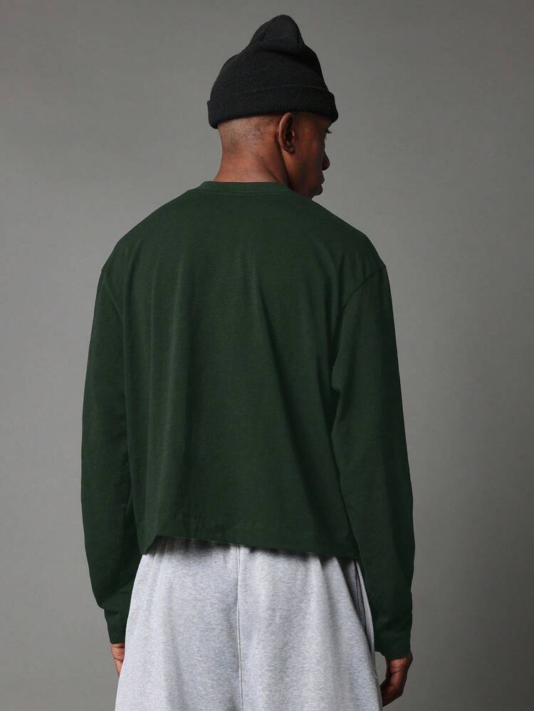 Crop Fit Langärmliges Baumwolljersey-T-Shirt mit Rundhalsausschnitt