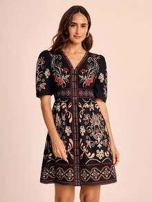 CAJUNI 女士休闲度假花卉印花短袖迷你连衣裙 - 约会装 - 外出装 - 音乐节 - 彩色 - 查看 3