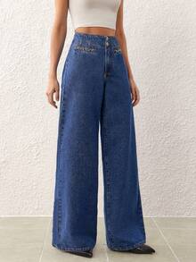 SHEIN Frenchy 女士高腰阔腿宽松休闲百搭牛仔裤 - 藍色 - 查看 4