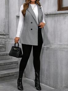 SHEIN CURVE+ Plus Size Women's Elegant Herringbone Thick Woolen Blazer, Notched Collar, Double-Breasted, Contrast Button Design, A-Line Waist, Fashionable, Suitable For Outings, Parties, Dates, Christmas, Sleeveless Woolen Vest - Grey - View 6