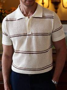 Manfinity Homme Men's Front Button Short Sleeve Striped Casual Knit Top  Men Knit Polo - Multicolor - View 7