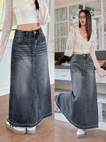 Rivivi Váy denim cạp giữa thời trang thường ngày có thắt lưng cho nữ - màu đen - Xem 1
