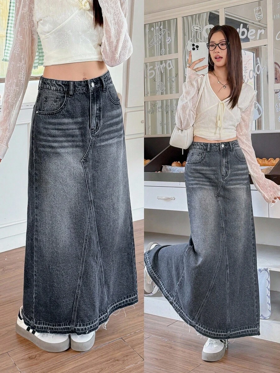 Rivivi Váy denim cạp giữa thời trang thường ngày có thắt lưng cho nữ - màu đen - Xem 1