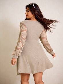 Elaquor Plus Size Elegant Romantic Lace Patchwork Sweetheart Neck Knitted Stretchy Solid Color Knee-Length Dress For Women Spring