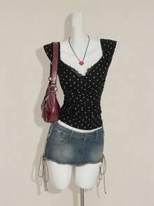 SHEIN ICON Women's Sexy Millennial Style Y2K Young Fashion Black Background White Polka Dot Sweetheart Neckline Splicing Lace Lace Open Back Slim Knit T-Shirt - Multicolor - View 5