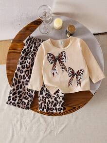 SHEIN Baby Girl Leopard Print Bow Decor Round Neck Long Sleeve T-Shirt And Leopard Print Pants Casual Outfit Fall Winter