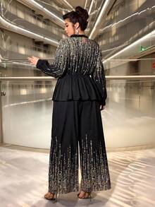 Cravure Christmas Eabrace Your Inner Shadow I Dark Feminine Fashion(Wednesday Aesthetic) Plus Size Elegant Women's Metallic Foil Shirt And Pants Two Pieces Set, Suitable For Back To School, Graduation, Valentine's Day, Music Festivals, Mother's Day, Halloween, Thanksgiving, Easter, National Day, Prom, Date Parties, Wedding Season, Outdoor Trips - Black - View 7