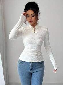 Elenzga 女士优雅纯色提花立领修身长袖T恤 - 杏色 - 查看 4