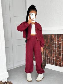 SHEIN Sparklyn 2pcs Girls Casual Long Sleeve Hooded Top And Pants Set, Spring/Autumn - Burgundy - View 3