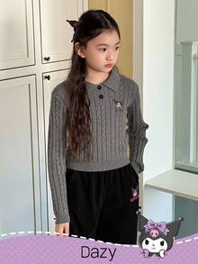 DAZY HELLO KITTY AND FRIENDS | SHEIN 少女卡通刺绣麻花针织圆领毛衣 - 灰色 - 查看 5