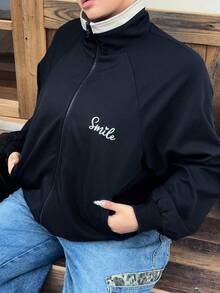 Dazy Plus Fashionable Embroidered Pattern Loose Contrast Color Patchwork Street Style Jacket For Plus Size Women, Spring/Autumn