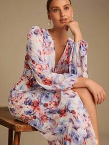 Enchnt 秋冬浪漫女士紫色花卉提花 V 领灯笼袖收腰长裙，时尚优雅，适合度假、约会、节日、毕业典礼、婚礼宾客、办公室、外出、万圣节和圣诞节，女士秋季连衣裙，女士秋季服装，女士秋季服装，返校 - 藍色 - 查看 2