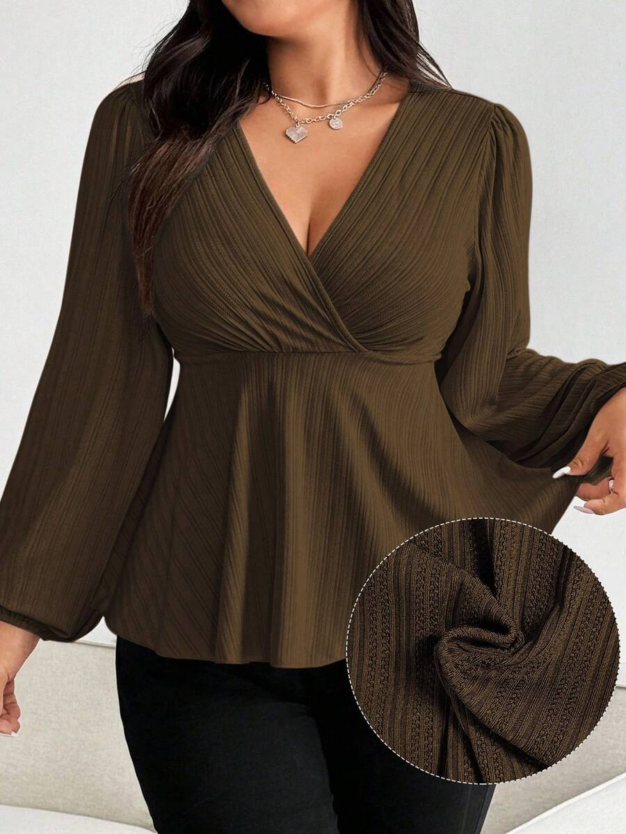 Vionelle Áo thun nữ tay dài cổ chữ V tay phồng xếp nếp họa tiết dệt kim viền eo màu mơ cỡ lớn - màu nâu - Xem 1