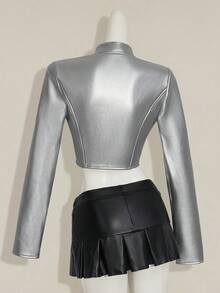 SHEIN ICON 女式银色休闲短款拉链修身 PU 皮夹克，秋季 - 銀色 - 查看 2