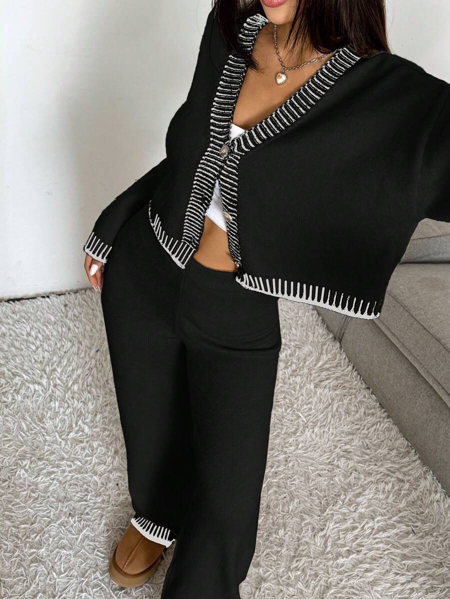 SHEIN EZwear Women's Contrast Stripe Cardigan And Knit Pants 2 Pieces Set Black Two Piece Set Women Black Pants Suit Women,Fall - Black - View 1