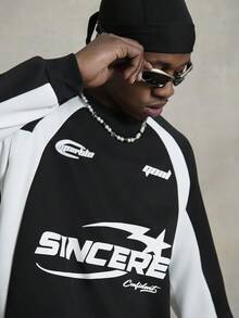 PAVTROS 男士拼色休闲圆领长袖套头运动衫，返校外出街头装图案运动衫，适合送给朋友、丈夫、男朋友的礼物 - 黑色 - 查看 4