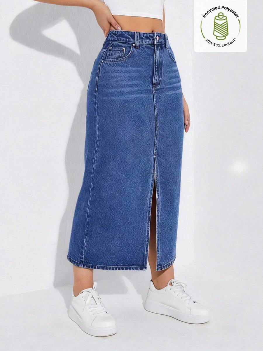 SHEIN ICON 女式休闲水洗开衩牛仔裙 - 藍色 - 查看 1