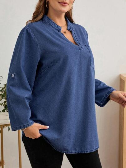 EMERY ROSE Mature Denim 大码女式V领卷袖休闲口袋牛仔衬衫