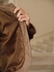 SHEIN Unity 女士优雅渐变色仿皮草和 PU 皮夹克，秋冬 - 棕色 - 查看 8