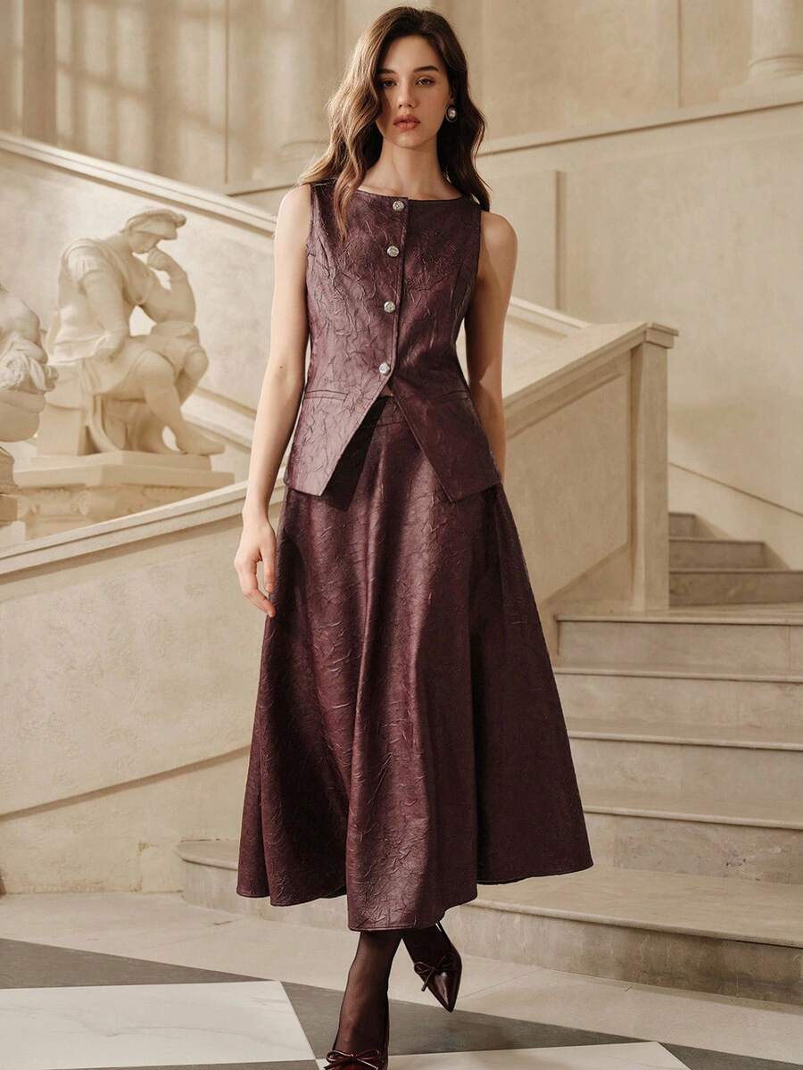 SHEIN Unity 现代复古纹理 PU 女士两件套，适合秋季、夏季、优雅、别致、新年、休闲、圣诞节 - 酒紅色 - 查看 1