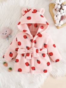 Bata de felpa para recién nacidos, de otoño/invierno, con estampado lindo de fresa con capucha con orejas 3D, manga larga y bata larga para niños y niñas bebés, ropa de dormir para infantes - Rosa - Ver 7