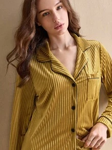 女士长袖天鹅绒睡衣套装休闲套装，秋冬装 - 墨綠色 - 查看 7