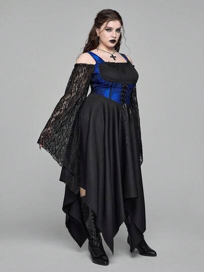 EDITION Plus Size Gothic Jacquard Floral Lace Flare Sleeve Vintage Elegant Dress, Asymmetrical Hem Lace-Up Waist Long Dress For Autumn/Winter, Gothic Retro Formal Party Gown