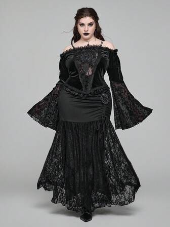EDITION Blusa de manga larga con hombros descubiertos, encaje, volantes y estampado floral en talla grande, estilo gótico vintage, cuello de terciopelo, para mujer. Blusa de terciopelo elegante y lujosa de estilo gótico en talla grande para eventos y fiestas oscuras.